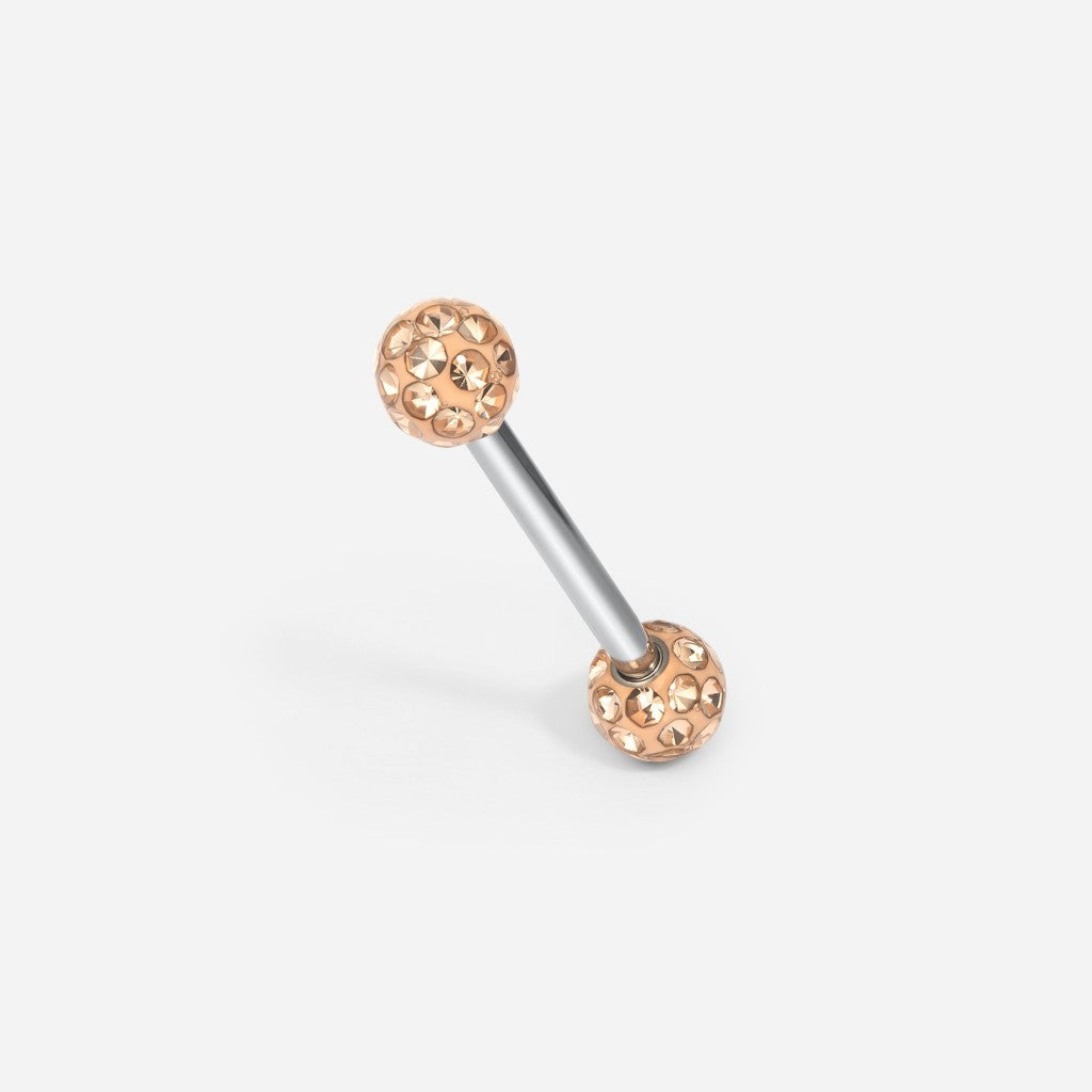 Silver tone/rose gold titanium externally threaded porcelain ball tongue barbell.
