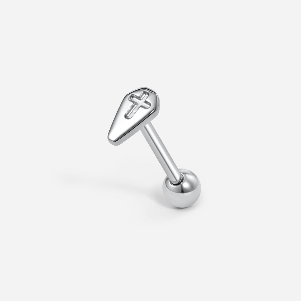 Silver titanium externally threaded coffin tongue barbell.
