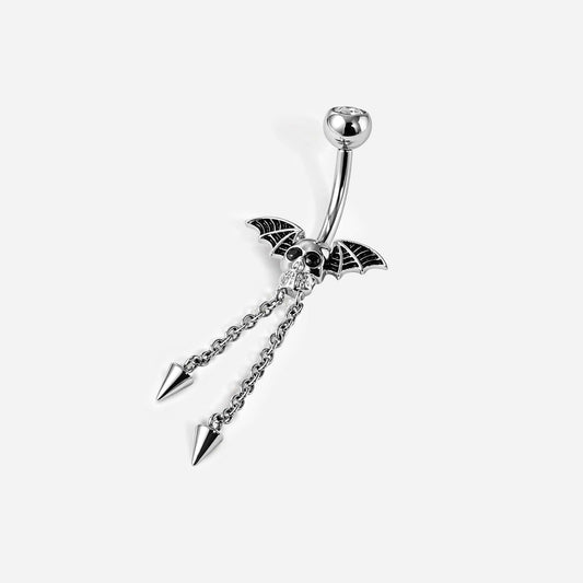Implant Grade Titanium Internally Threaded Skull Wing Spike Dangle Black and Clear Cubic Zirconia Navel | SkinKandy Body Jewellery Australia