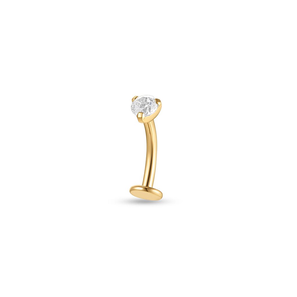 Gold PVD Implant-grade titanium floating navel bar with a clear round cubic zirconia in a claw setting, shown on a white background.