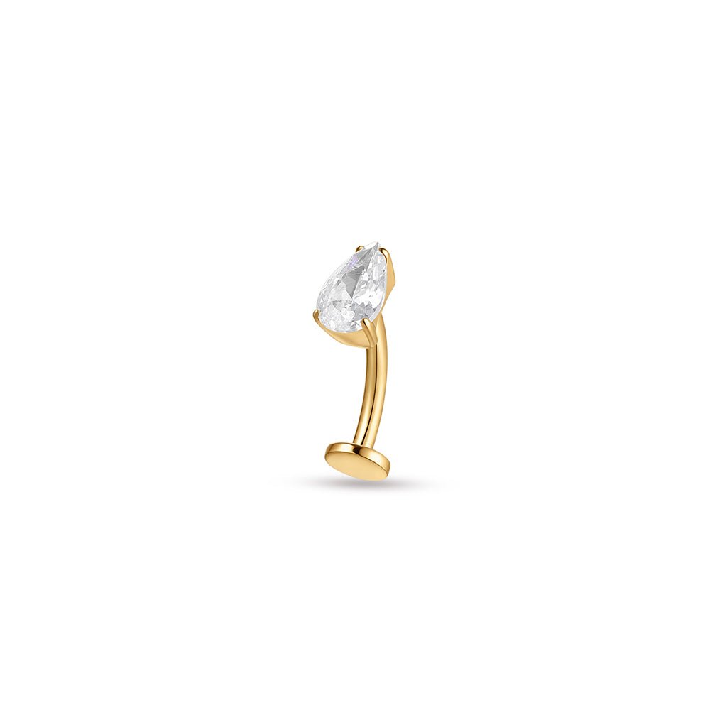 Gold PVD implant-grade titanium floating navel bar with clear teardrop cubic zirconia in a claw setting.