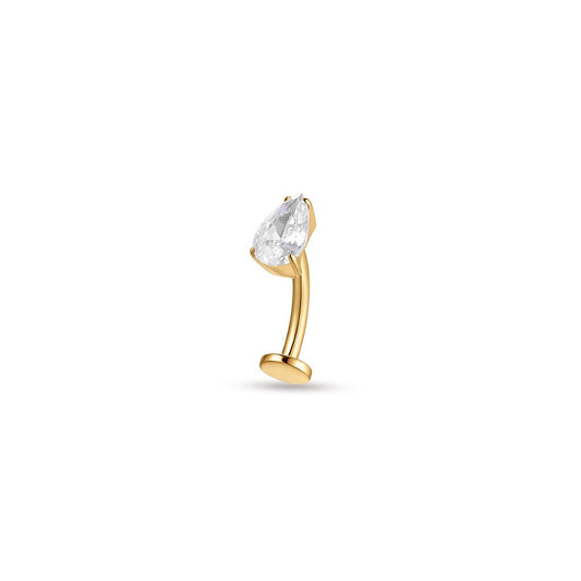 Gold PVD implant-grade titanium floating navel bar with clear teardrop cubic zirconia in a claw setting.
