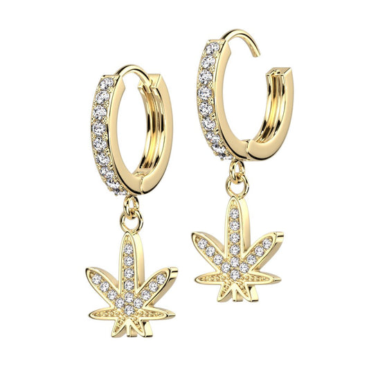 Pot Leaf CZ Dangle Hoop Earrings - SkinKandy | Body Jewellery & Piercing Online Australia