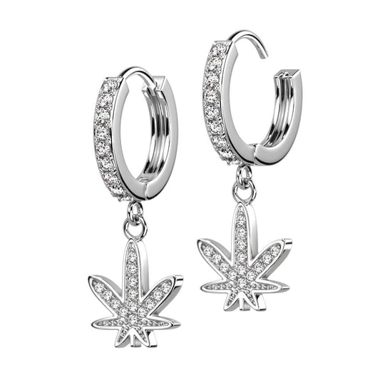 Pot Leaf CZ Dangle Hoop Earrings - SkinKandy | Body Jewellery & Piercing Online Australia