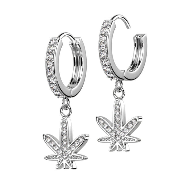 Pot Leaf CZ Dangle Hoop Earrings