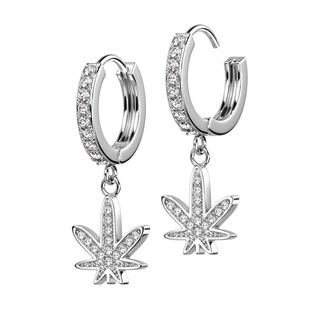 Pot Leaf CZ Dangle Hoop Earrings