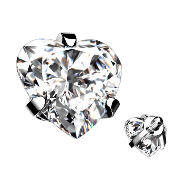 Prong Set Heart Clear CZ Internally Threaded Titanium Top 4mm