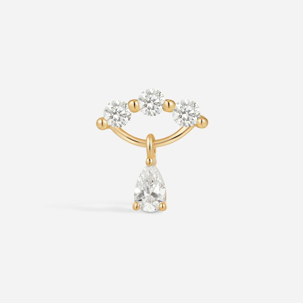 14K solid gold internally threaded piercing top with three round clear stones and a teardrop dangle