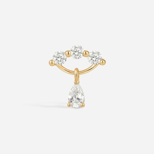 14K solid gold internally threaded piercing top with three round clear stones and a teardrop dangle