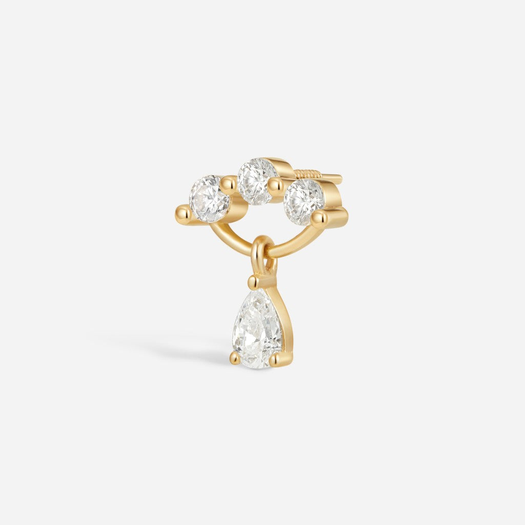 14K solid gold internally threaded piercing top with three round clear stones and a teardrop dangle