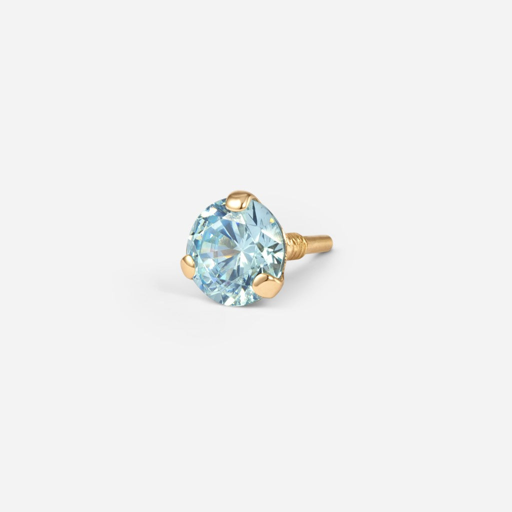 14K gold guided internally threaded top with a claw-set blue cubic zirconia stone.