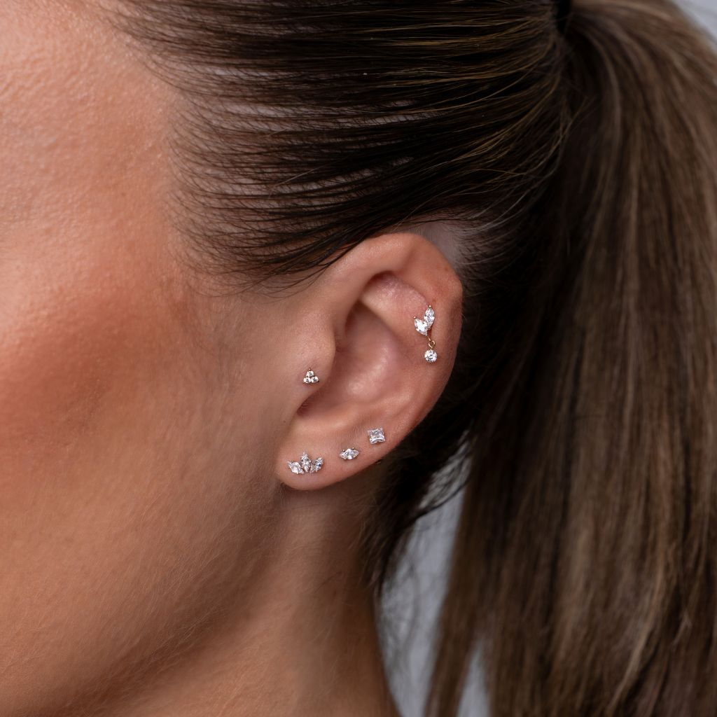 14K Solid Gold Guided Internally Threaded Dual Marquis Round Dangle Cubic Zirconia Top - SkinKandy | Body Jewellery & Piercing Online Australia