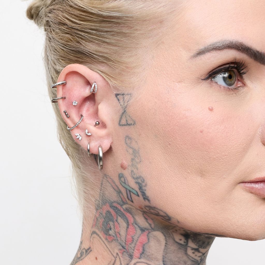 Petite triple-fan marquise cubic zirconia titanium flatback ear stud with internal threading