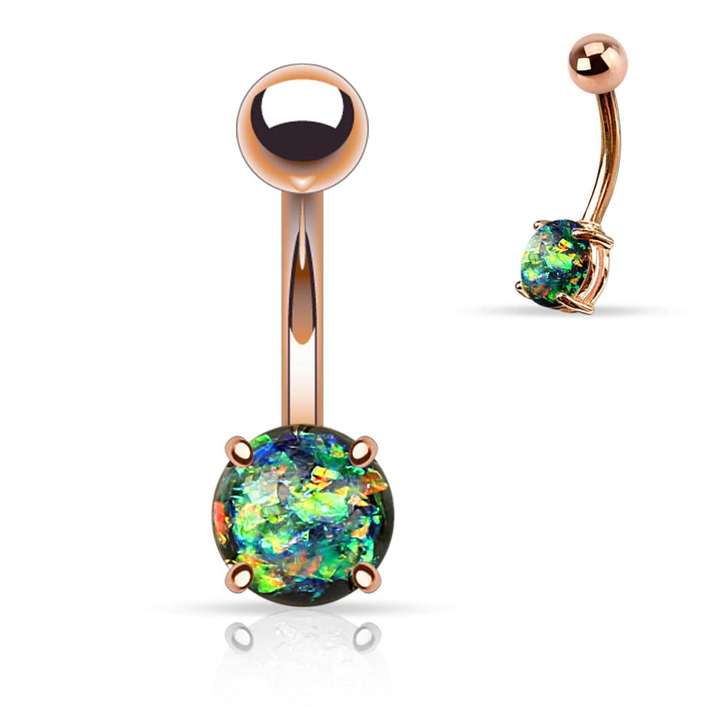 Opal glitter rose gold belly bar with multicolor round gemstone and curved bar