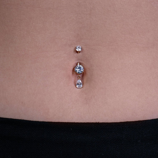 Implant Grade Titanium Internally Threaded Navel Round with Teardrop Cubic Zirconia Dangle