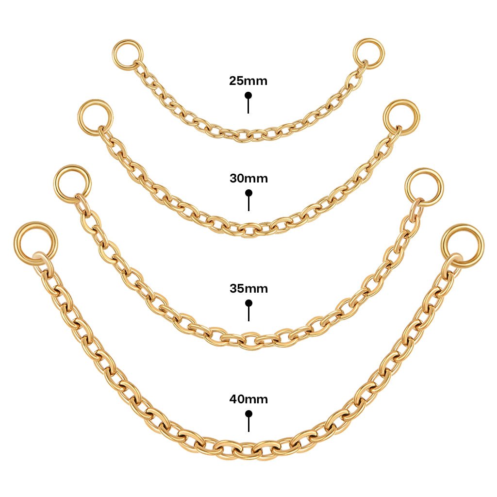 Gold-tone titanium single chain connectors shown in four lengths: 25mm, 30mm, 35mm and 40mm