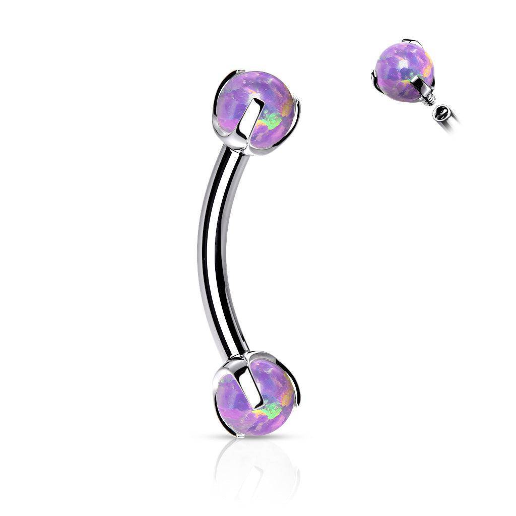 Curved steel barbell with claw-set opal gemstones, purple