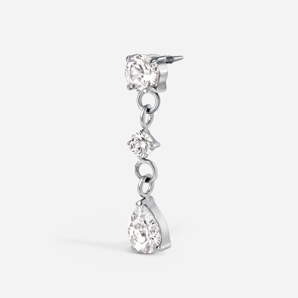 Titanium guided internally threaded top with a round cubic zirconia teardrop dangle.
