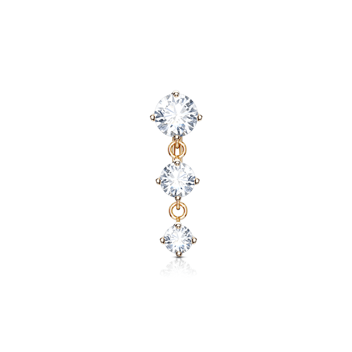 Rose gold three-gem drop belly ring with three prong-set round clear stones