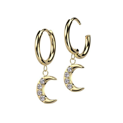 Crescent Moon CZ Dangle Hoop Earrings