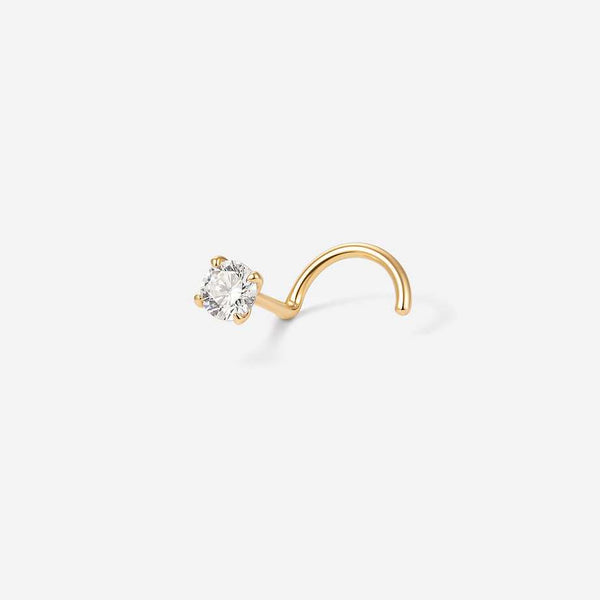 14K gold nose twist stud with a larger clear gem in a prong setting