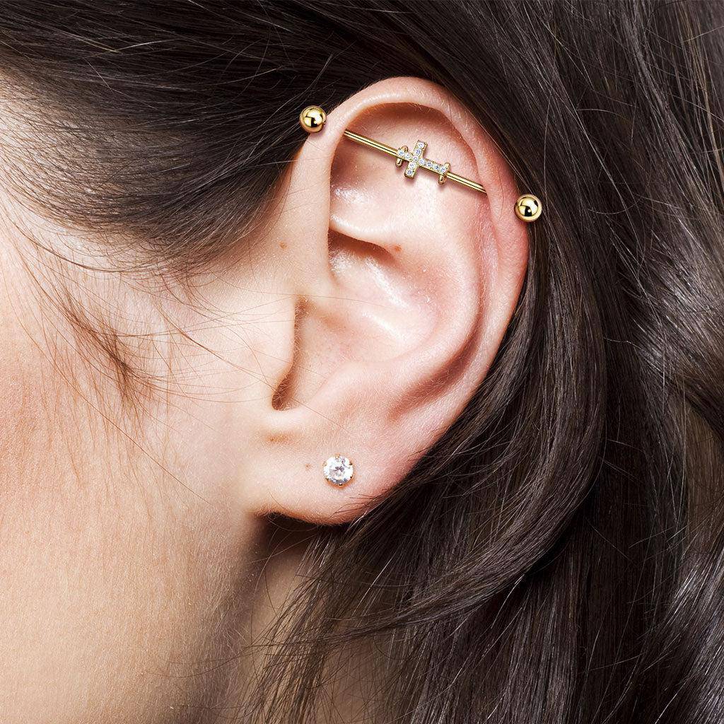 Crystal Paved Cross Industrial Scaffold Barbell - SkinKandy | Body Jewellery & Piercing Online Australia