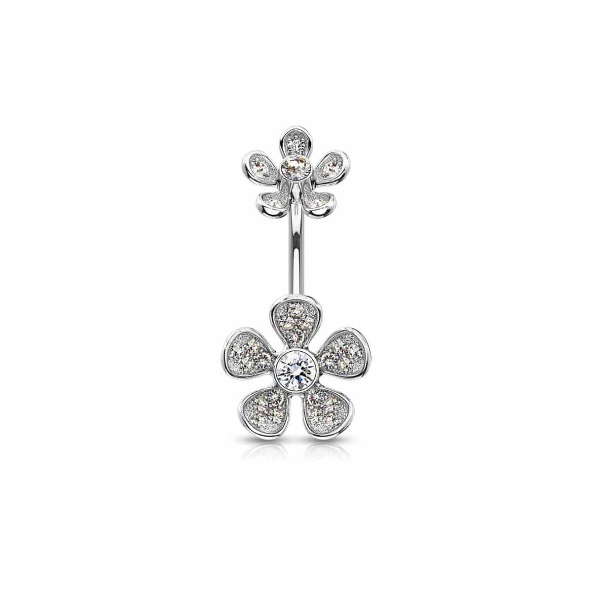 Paved CZ flower belly bar, silver-tone with five glittering stone petals