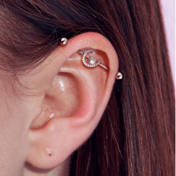 CZ Paved Moon & Star Industrial Barbell 14G Yellow Gold - SkinKandy | Body Jewellery & Piercing