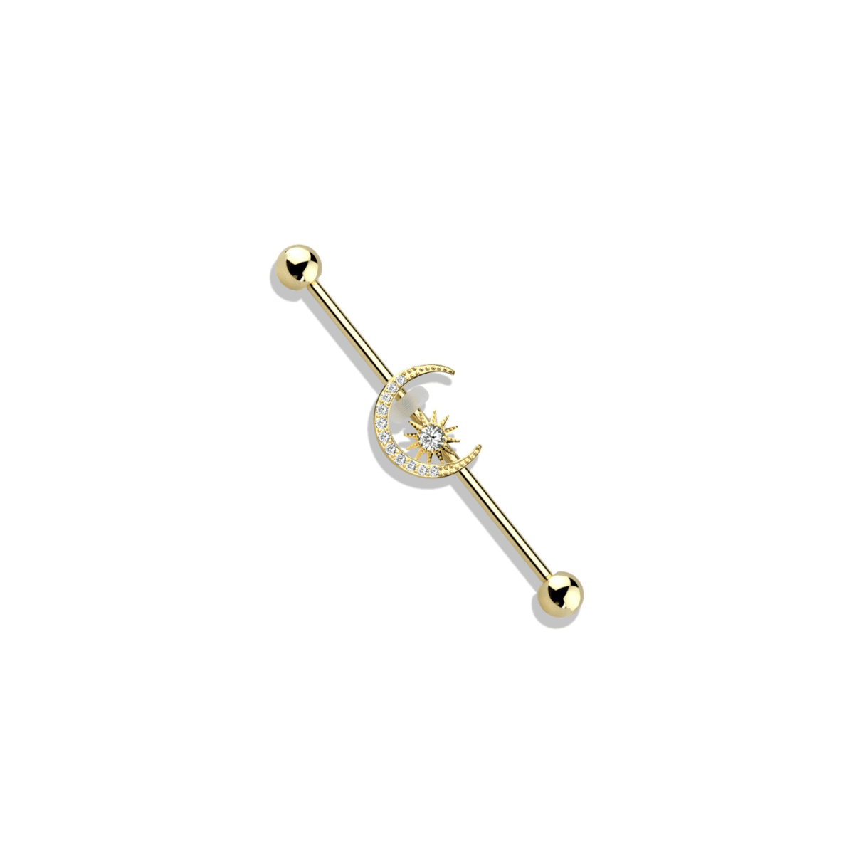 CZ Paved Moon & Star Industrial Barbell 14G Yellow Gold - SkinKandy | Body Jewellery & Piercing
