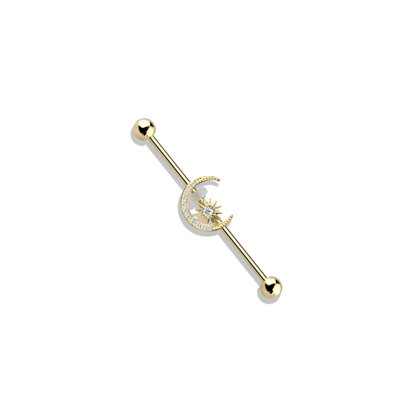 CZ Paved Moon & Star Industrial Barbell 14G Yellow Gold - SkinKandy | Body Jewellery & Piercing