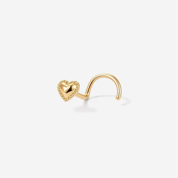 14K solid gold nose screw with a beaded heart-shaped stud