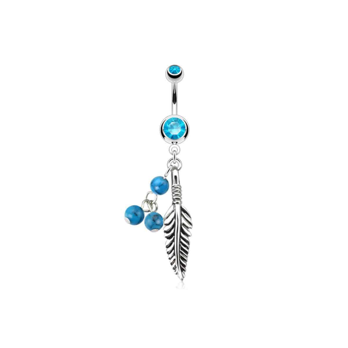 Aqua turquoise stone belly bar with feather charm and dangling beads