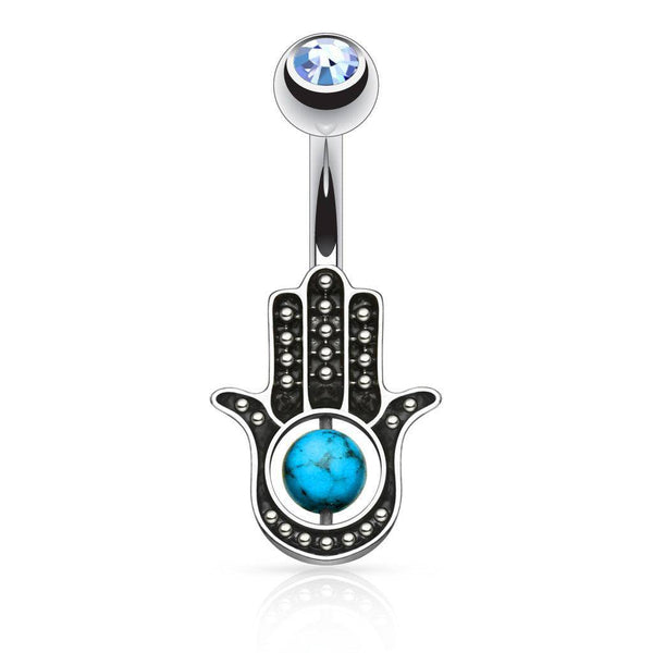 Hamsa Hand Belly Bar with Turquoise Stone