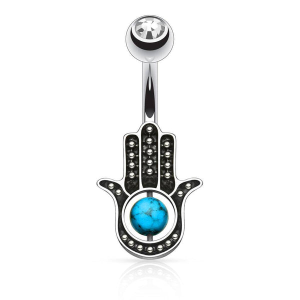 Hamsa Hand Belly Bar with Turquoise Stone