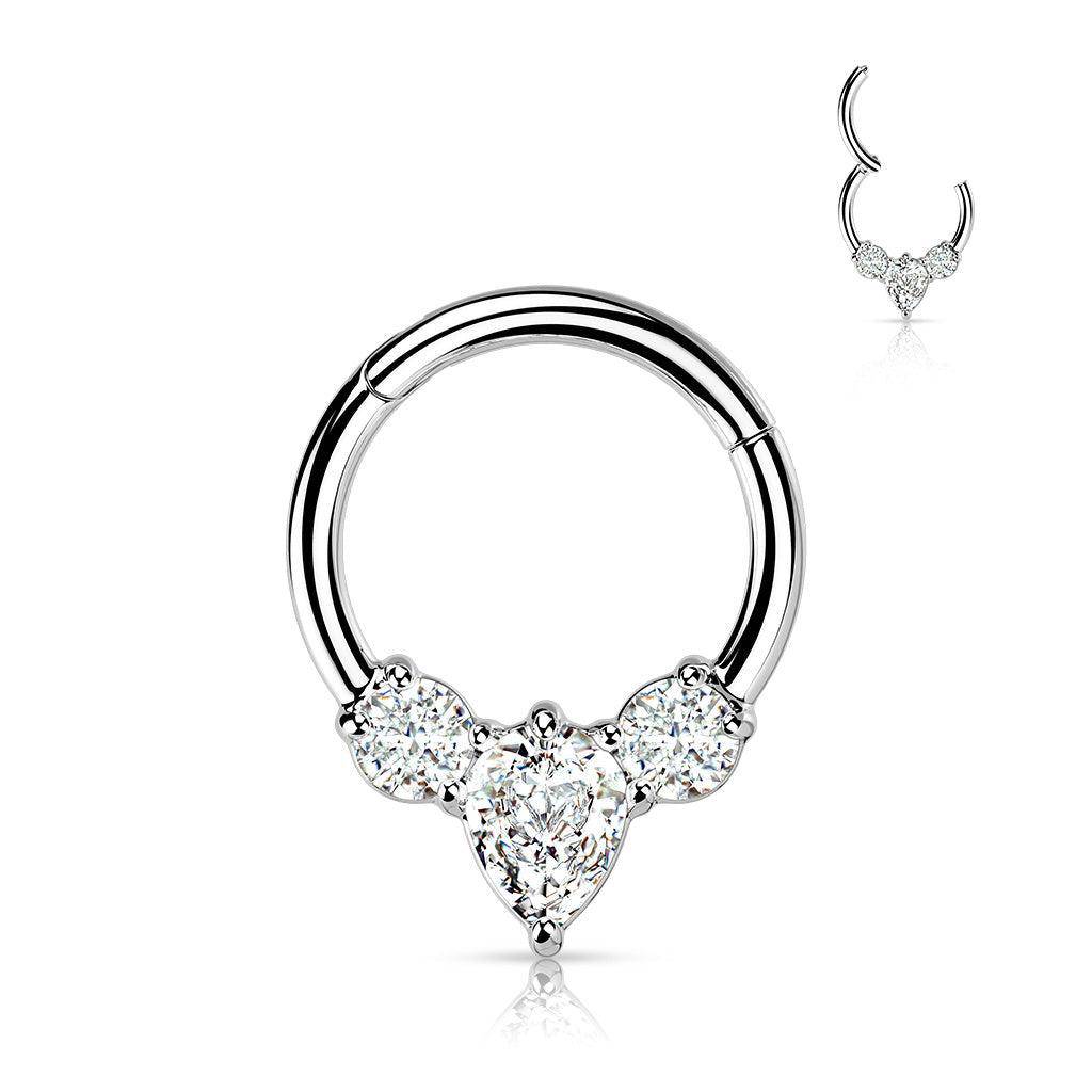 Steel hinged segment ring with pear-drop CZ cluster and three crystal stones
