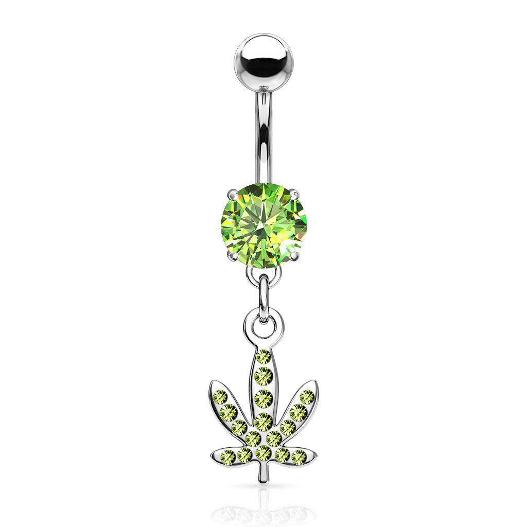 Pot Leaf CZ Dangle Belly Bar - SkinKandy | Body Jewellery & Piercing Online Australia