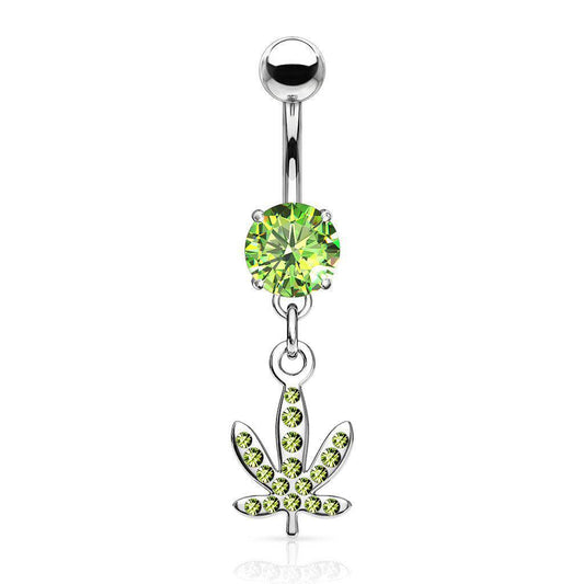 Pot Leaf CZ Dangle Belly Bar - SkinKandy | Body Jewellery & Piercing Online Australia