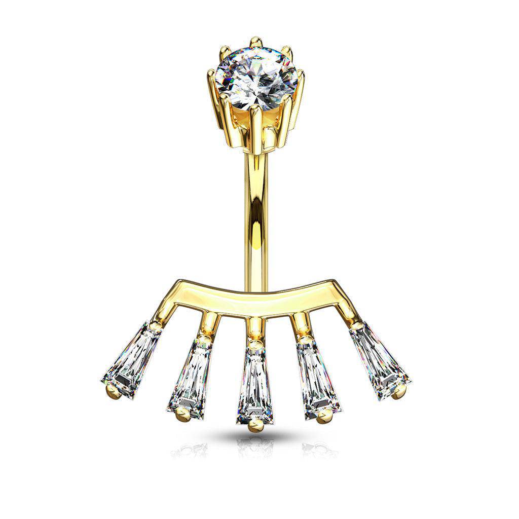 Yellow gold belly ring with fan-cut clear stones and princess-cut centerpiece