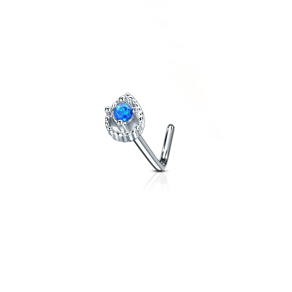Tear Drop Opal Centre L Bend Nose Stud - Opal Blue
