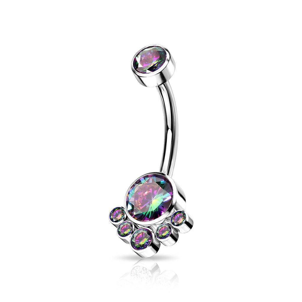 Titanium navel belly ring with multicolor cubic zirconia cluster top and curved bar