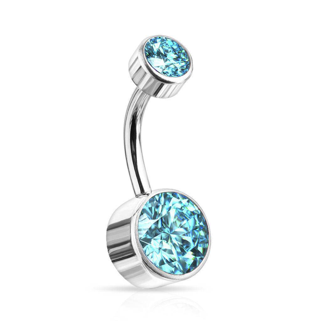 Implant Grade Titanium Belly Bar Internally Threaded with Gem - Aqua