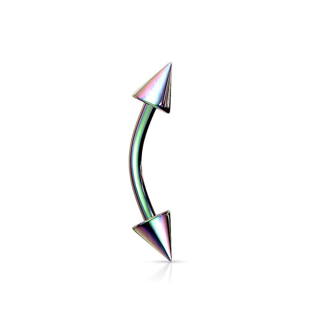 Rainbow titanium-plated curved barbell with two pointed spike ends