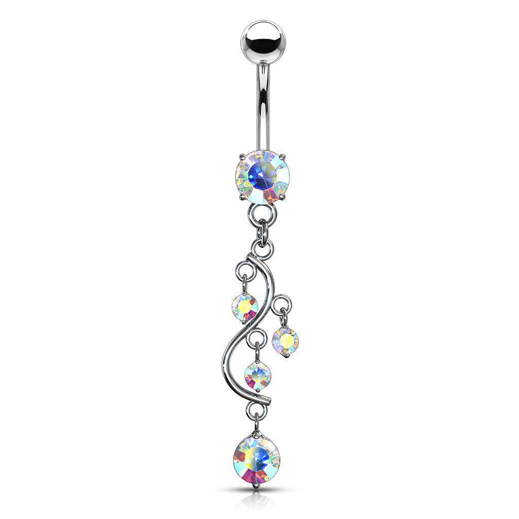 Vine Cubic Zirconia Gem Dangle 316L Surgical Steel Belly Bar - Aurora Borealis