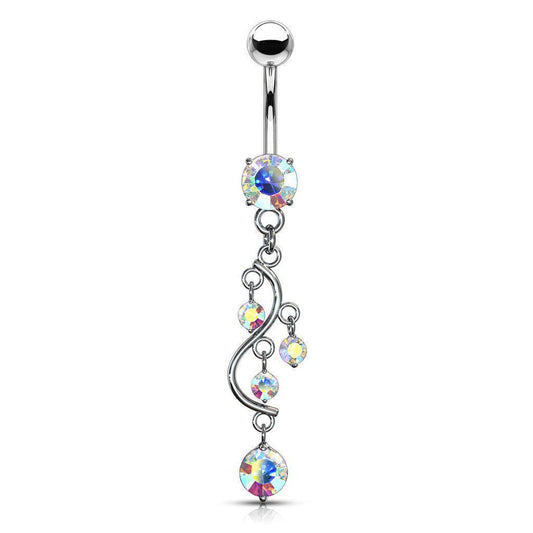 Vine Cubic Zirconia Gem Dangle 316L Surgical Steel Belly Bar - Aurora Borealis - SkinKandy | Body Jewellery & Piercing Online Australia