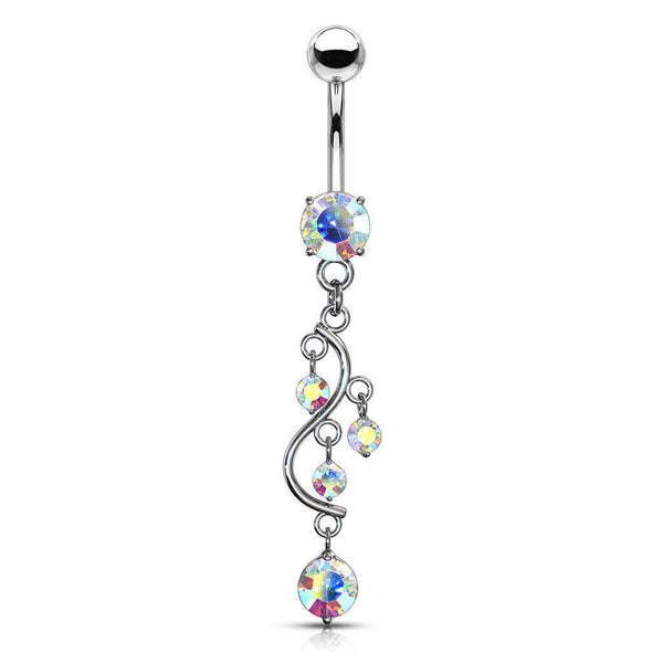 Vine Cubic Zirconia Gem Dangle 316L Surgical Steel Belly Bar - Aurora Borealis