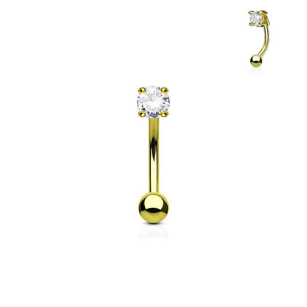 4-Prong Round CZ Gem Curved Barbell - Gold Tone