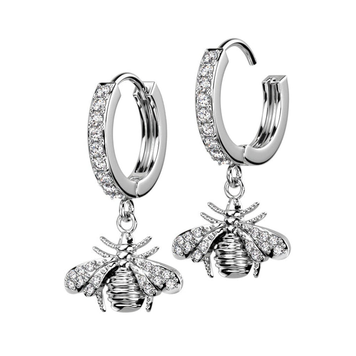 Bee Dangle Paved CZ Hoop Earrings