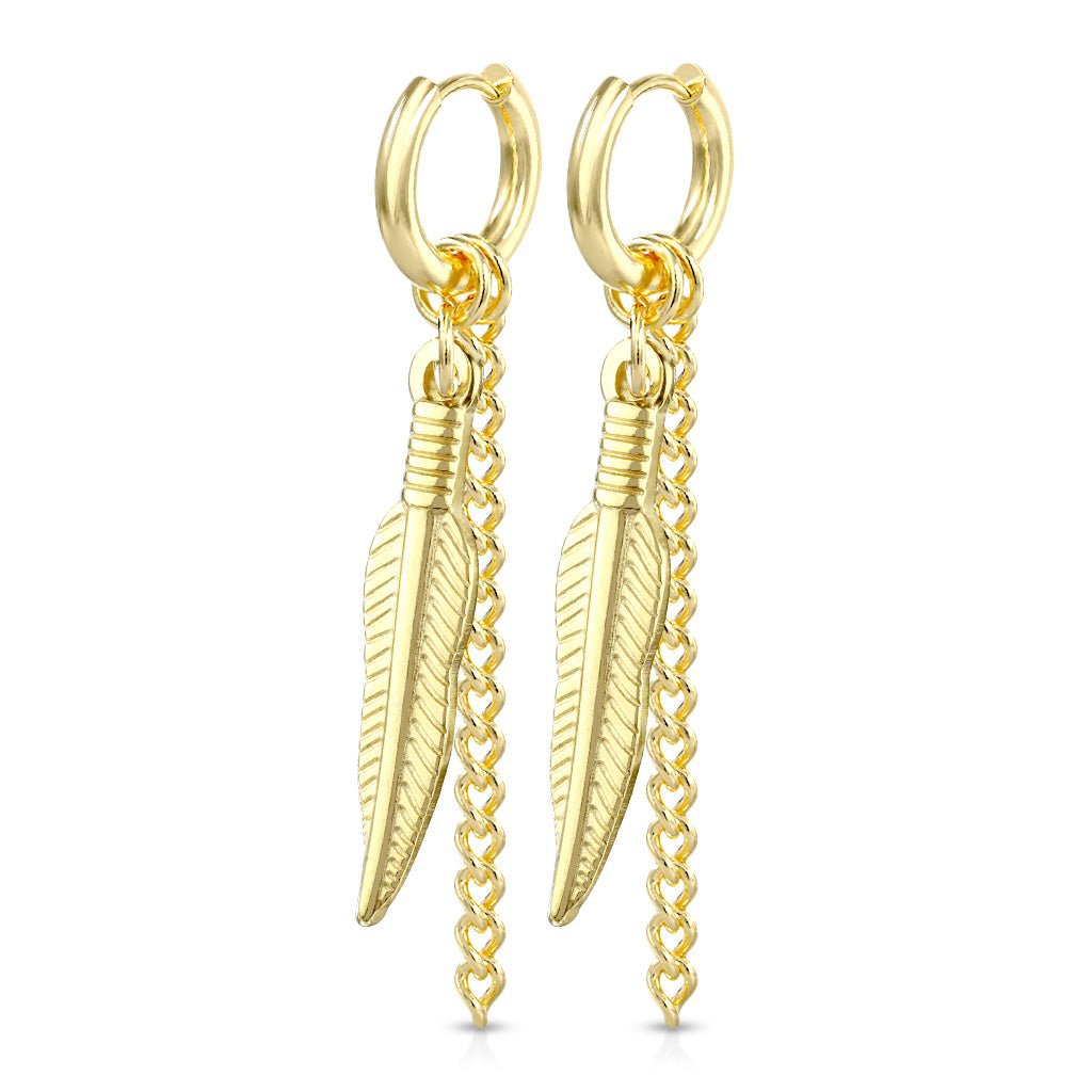 Feather and Chain Dangle Hoop Earrings - SkinKandy | Body Jewellery & Piercing Online Australia