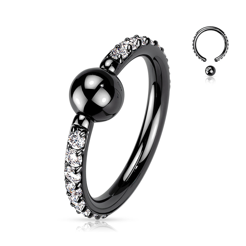 Titanium Ball Closure Ring in Black and Outward Facing Paved Cubic Zirconias. Must have piece of jewellery, suitable for various piercings.
