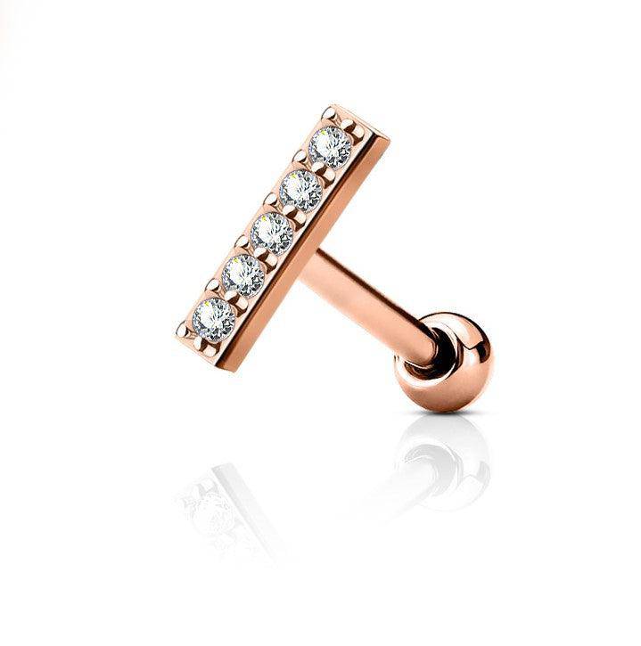 Rose Gold CZ Lined Top Steel Cartilage Barbell